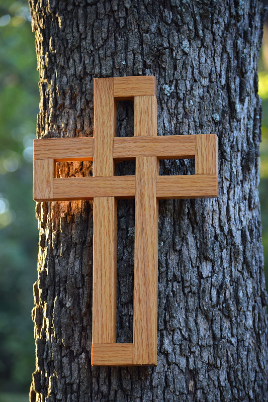 Handcrafted Oak Wood Cross: Rustic Wall Decor 14"x9"