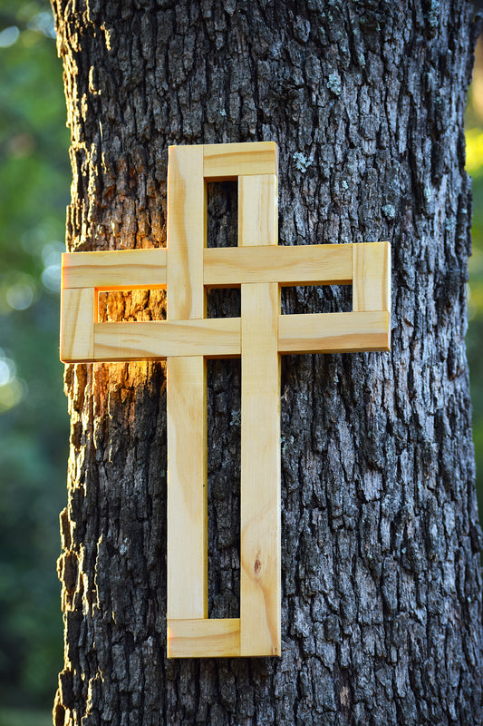 Handcrafted Pine Wood Cross: Religious Wall Decor 14"x9"